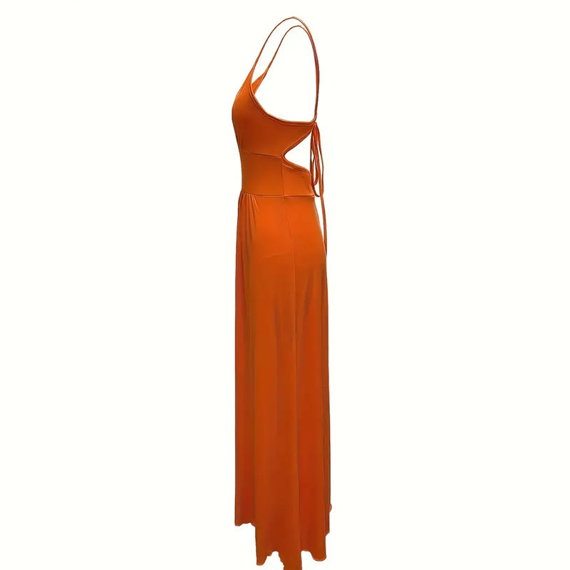Women's Sexy Deep V Neck Maxi Dress Spaghetti Strap Sleeveless Backless High Slit Long Dress