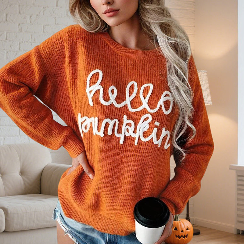 Women's Casual Round Neck Long Sleeve Letter Graphic Sweater Fall Winter Warm Comfortable Pullover Tops
