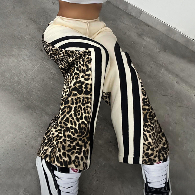 Printed Striped Color Matching High Waist Loose Trousers For Women