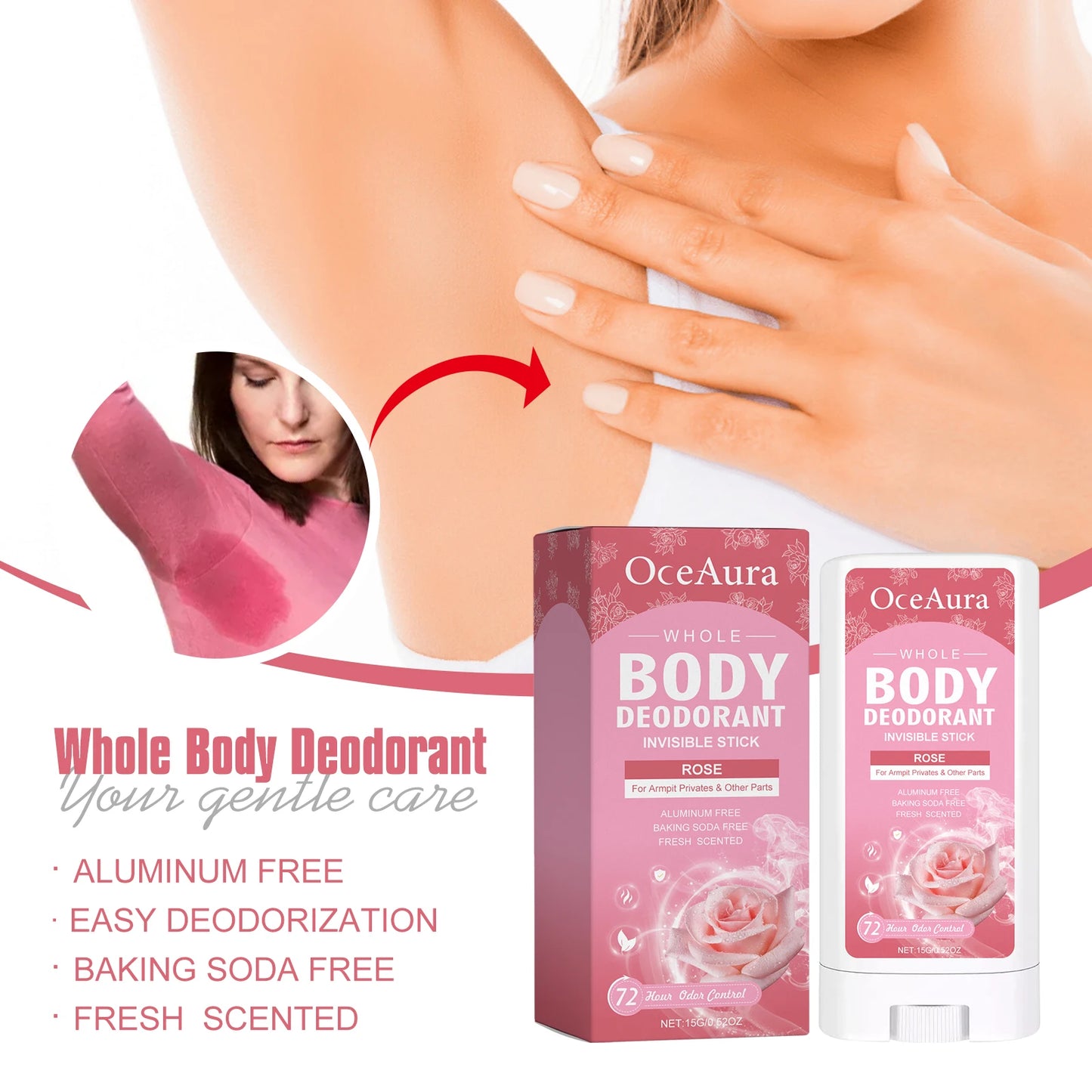 Oceaura Rose Body Deodorant Balm Stick Lasting Floral Fragrance Remove Sweaty Odor Skin Care Solid Perfume for Underarms