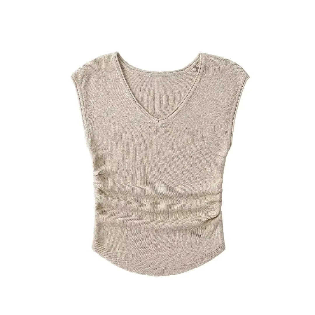 Women 2024 Summer New Fashion V-neck Knitted Waist T-shirt Vintage Casual Chic Female Tee Shirt Tops Mujer