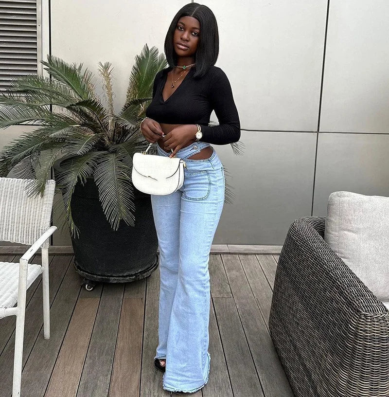 Women Smart Denim Trousers Design High Waist Big Bell Bottoms Stretch Fitted Flared Denim Jeans Wide Leg Jeans