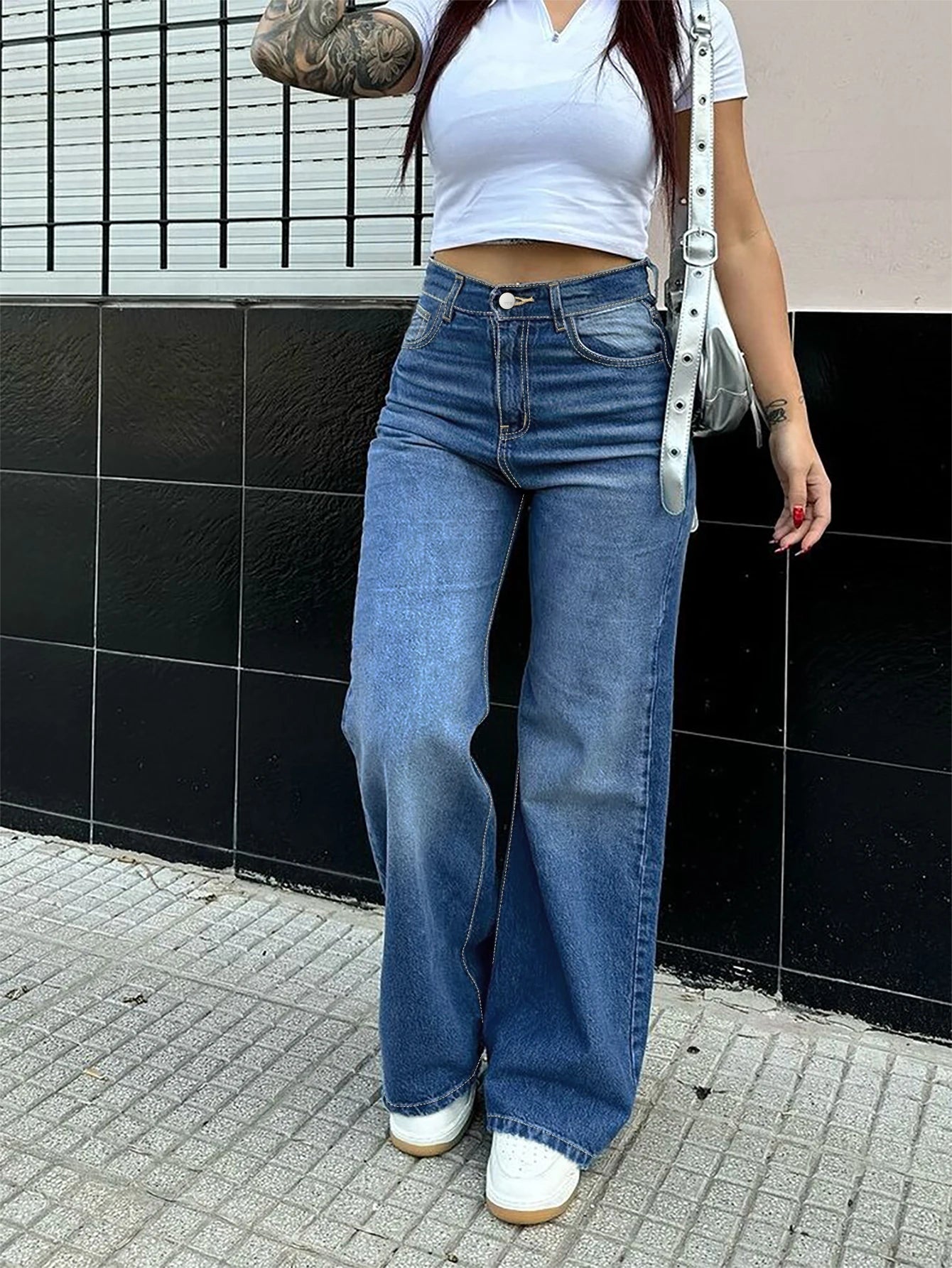 Free Shipping to USA- High Quality Vintage Women's Straight Denim Pants High Waist Wide Leg Long Jeans Stretchy Solid Pattern