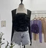 French Retro Three-dimensional Flower Crop Tops for Women Splicing Mesh Long Sleeve T-Shirts with Elastic Shirring Summer Wear