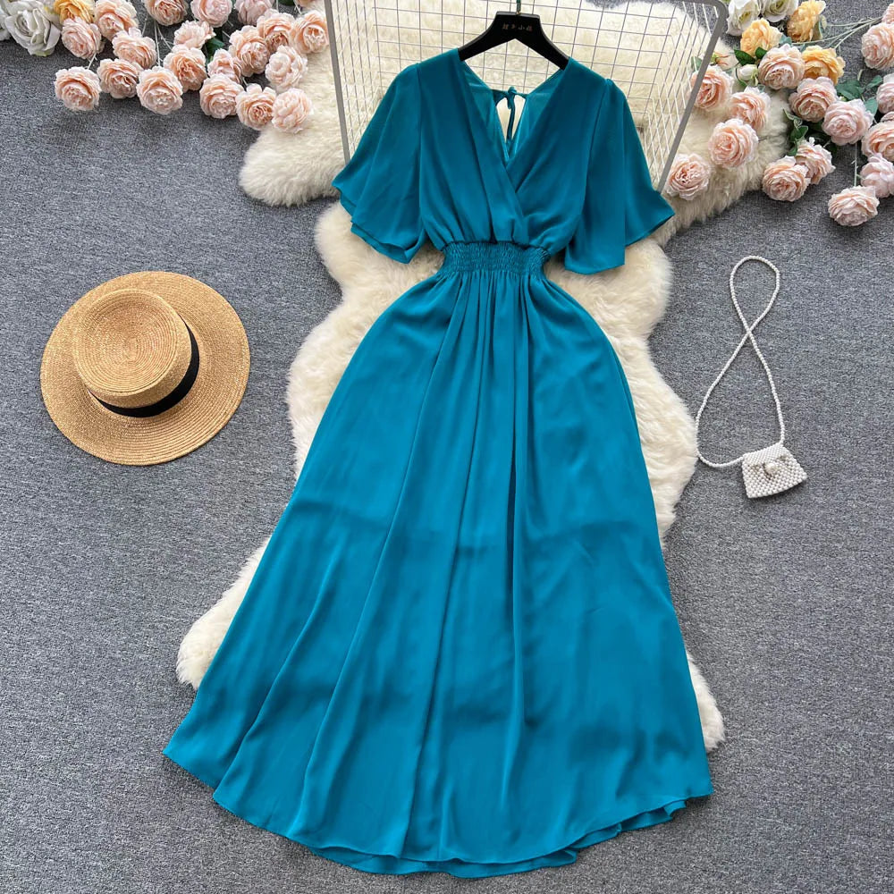 Chiffon Dress New Women's Graceful Collar Elastic Waist-Tightening Slimming Long Seaside Vacation Beach Premium Casual Dress