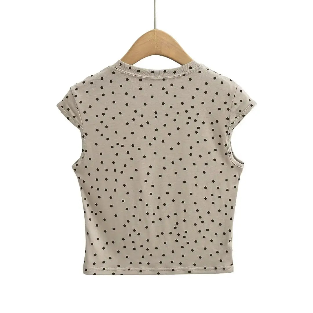 Women 2024 Summer New Fashion Polka Dot Crewneck Shoulder T-Shirt Retro Casual Chic Female Tee Shirt Tops Mujer