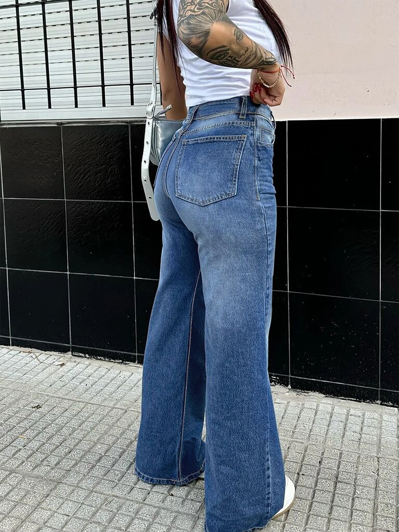 Free Shipping to USA- High Quality Vintage Women's Straight Denim Pants High Waist Wide Leg Long Jeans Stretchy Solid Pattern