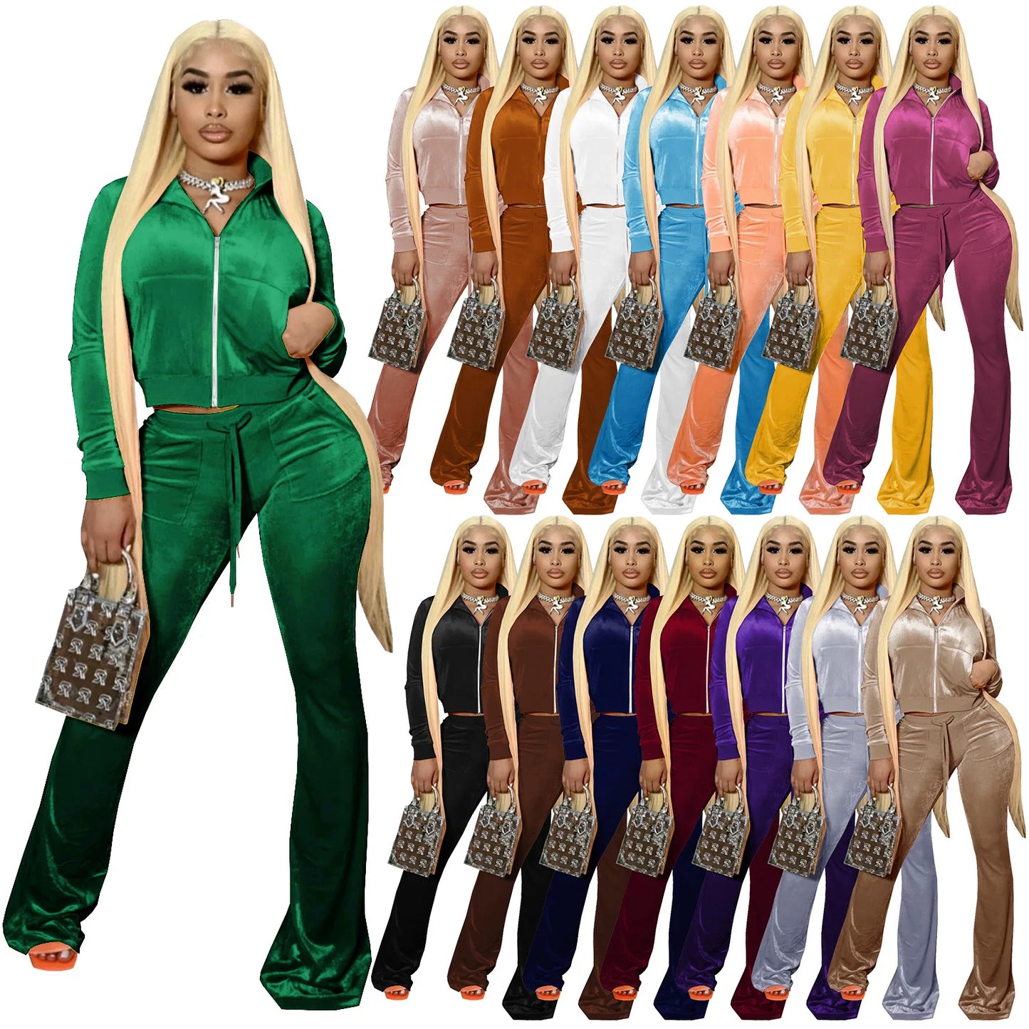 High Quality Women's Crop Top and Pant Set Super Elastic Sweatsuit in 10 Colors Velvet 2 Piece Set Casual Long Tops XL Size