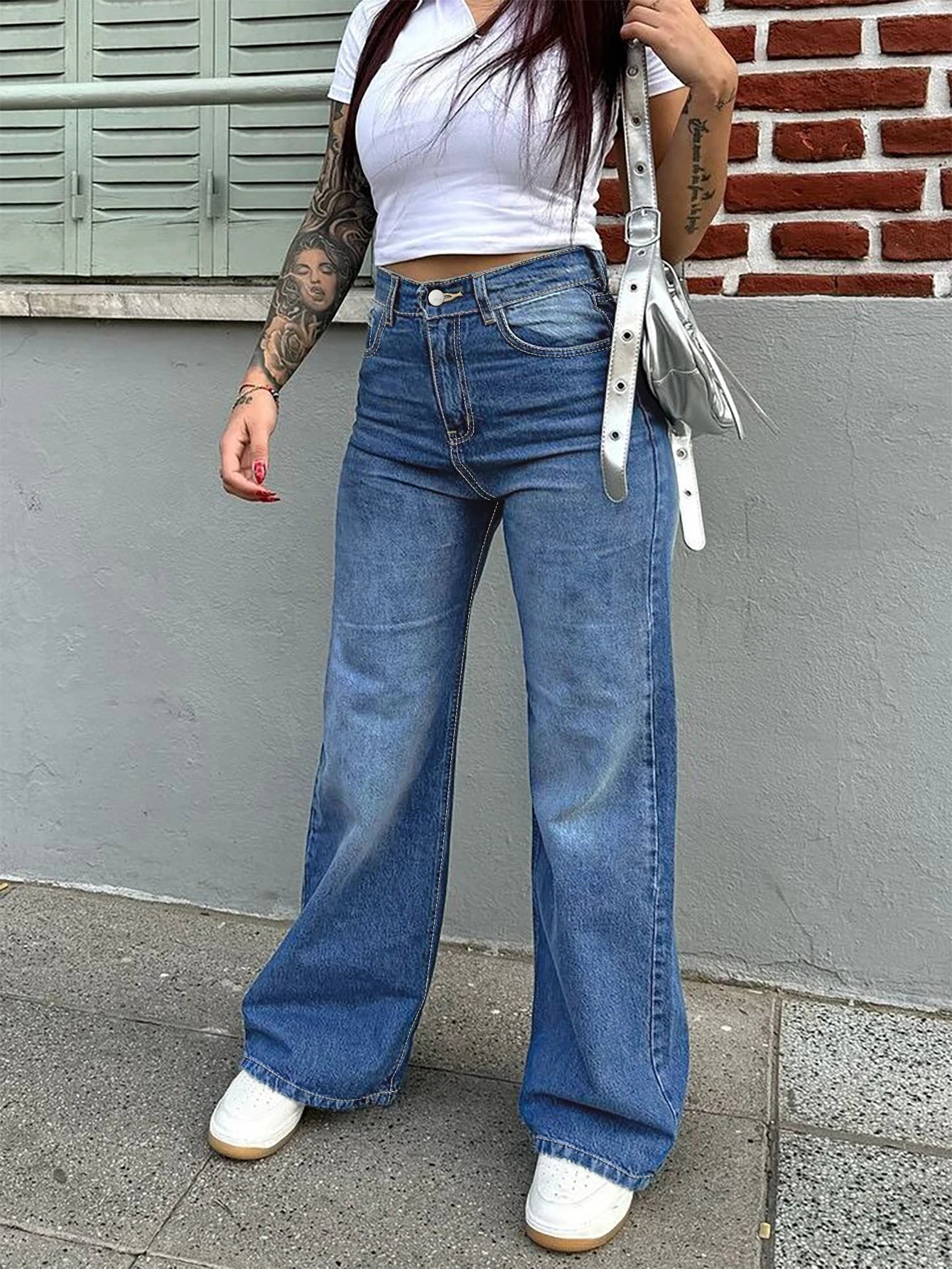 Free Shipping to USA- High Quality Vintage Women's Straight Denim Pants High Waist Wide Leg Long Jeans Stretchy Solid Pattern