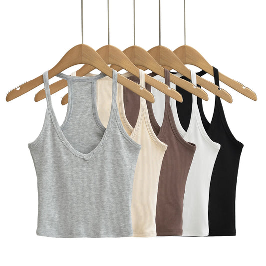 Women 2024 Summer New Fashion Deep V-Neck Small Tank Tops Vintage Slim-Fit Casual Female Camis Chic Tops