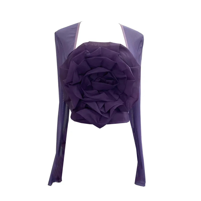 French Retro Three-dimensional Flower Crop Tops for Women Splicing Mesh Long Sleeve T-Shirts with Elastic Shirring Summer Wear