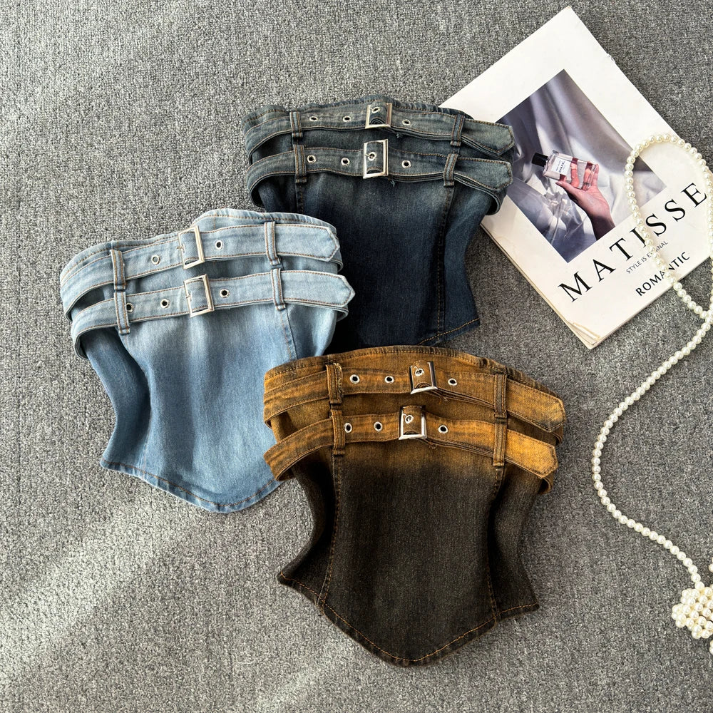 Ladies Strapless Denim Vest Sexy Corset Tank Tops Denim Belt Crop Tube Top Summer Hot Sale Gradient Denim Top for Women