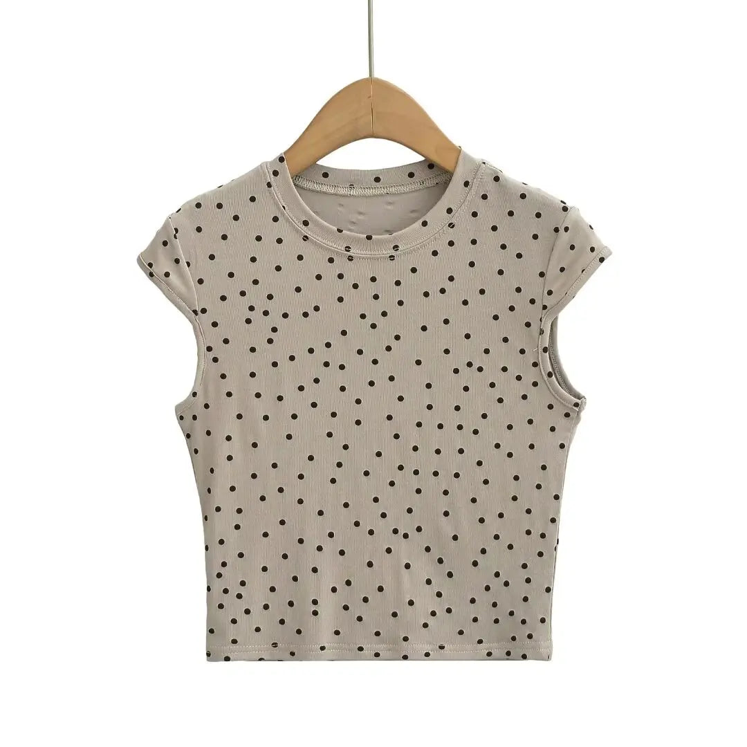 Women 2024 Summer New Fashion Polka Dot Crewneck Shoulder T-Shirt Retro Casual Chic Female Tee Shirt Tops Mujer