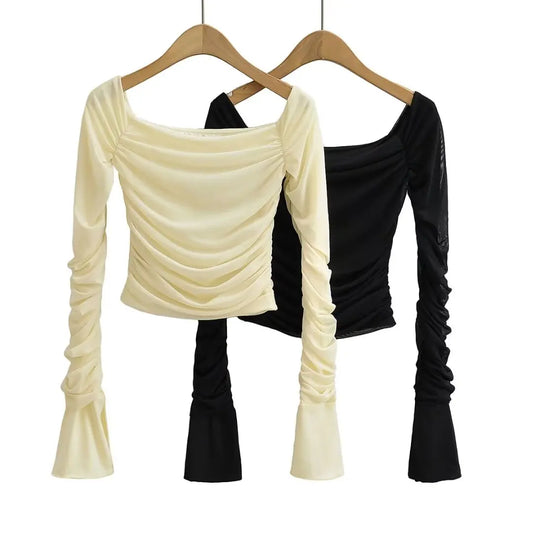 Women 2024 Summer New Fashion Mesh Shoulder Long Sleeve Top Vintage Casual Chic Female Tee Shirt Tops Mujer