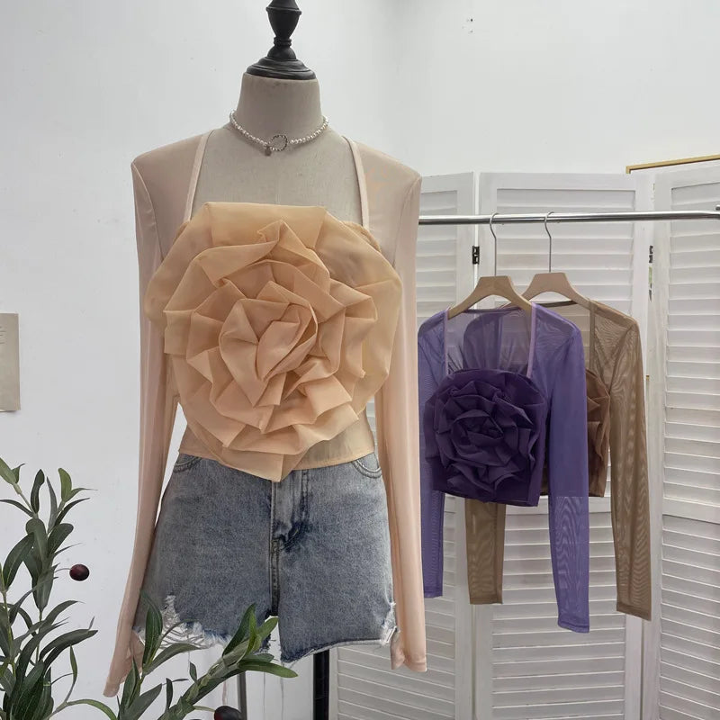 French Retro Three-dimensional Flower Crop Tops for Women Splicing Mesh Long Sleeve T-Shirts with Elastic Shirring Summer Wear