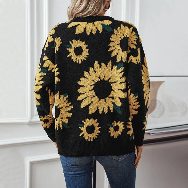 Sunflower 3D Jacquard Weave Women's Sweaters Long Sleeve Ladies Pullovers Knitted Tops High Quality Christmas Sweater