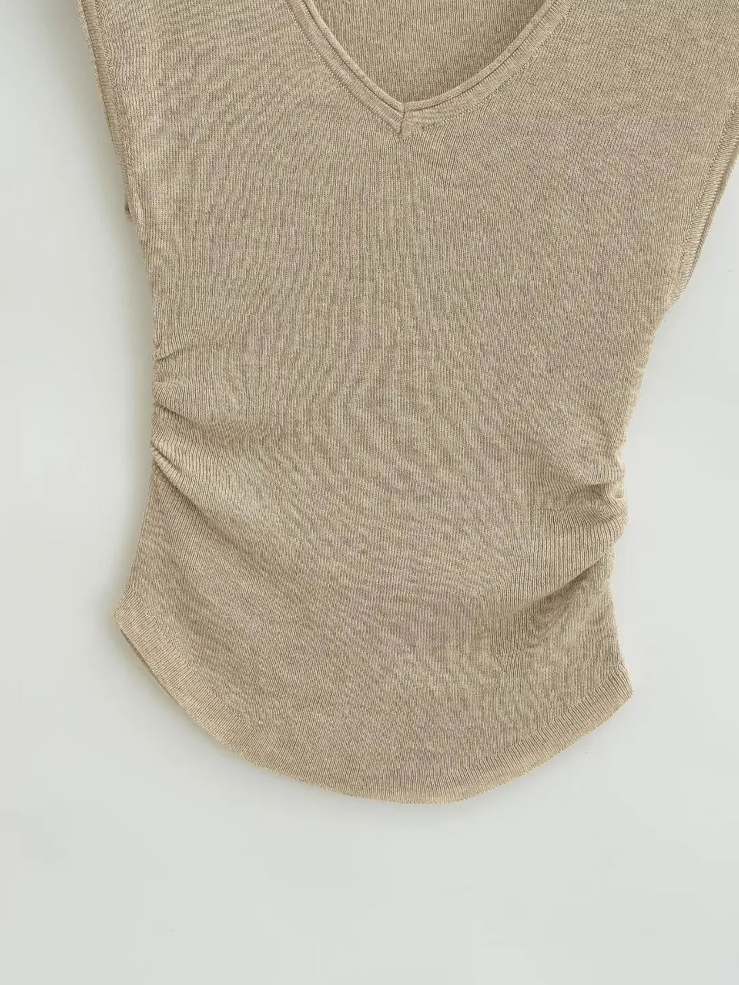 Women 2024 Summer New Fashion V-neck Knitted Waist T-shirt Vintage Casual Chic Female Tee Shirt Tops Mujer