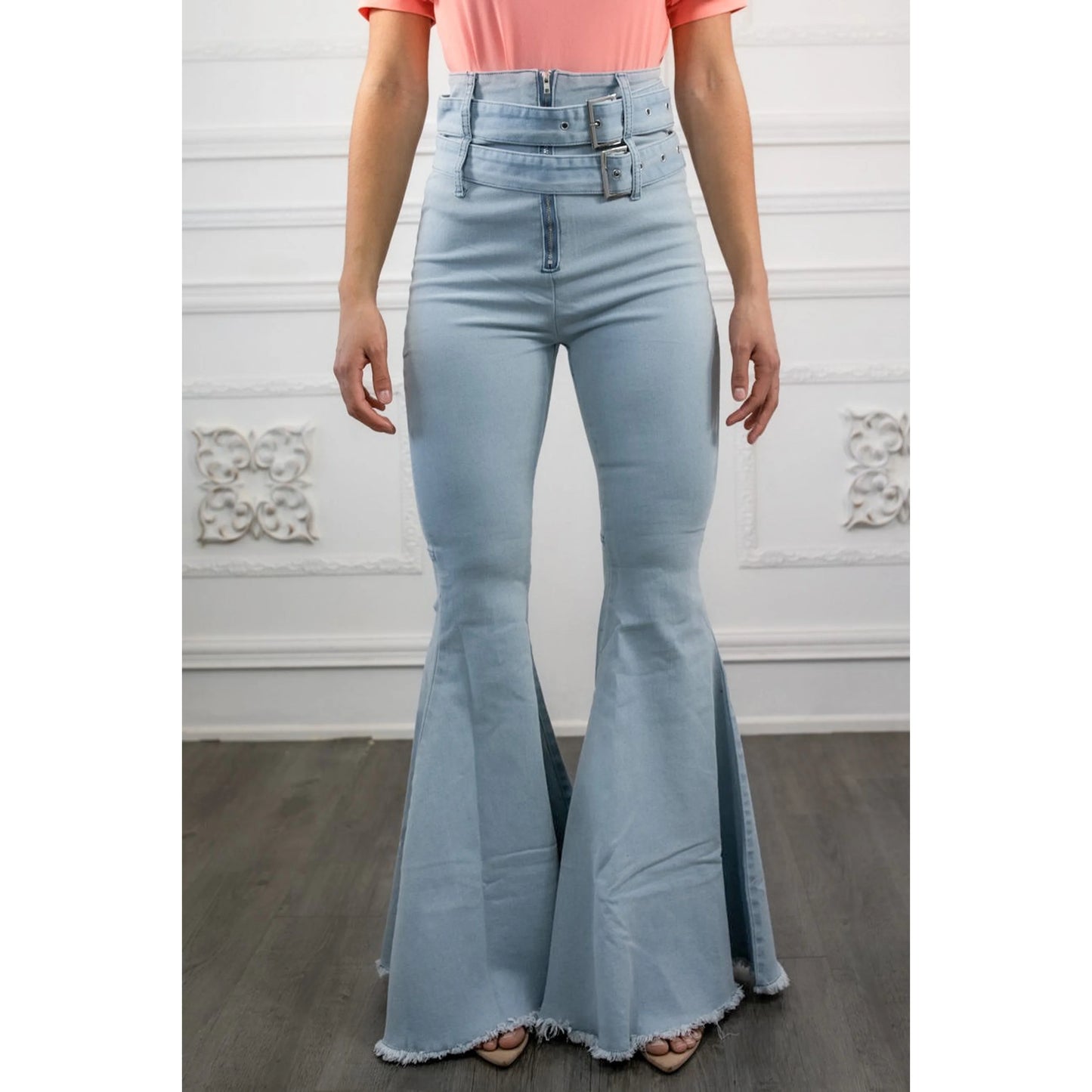 TD Buckle Ladies Straight Jeans High Street Style Bell Bottoms Dual Belt Details Breathable Skinny Denim Pants Elastic Waist