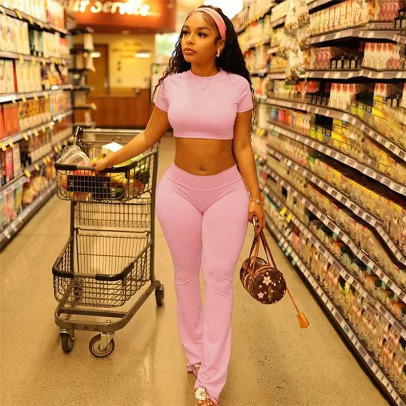 Women's 2 Piece Casual Outfits Short Sleeve Round Neck Tops Flare Leggings Sets Yoga Sweatsuit