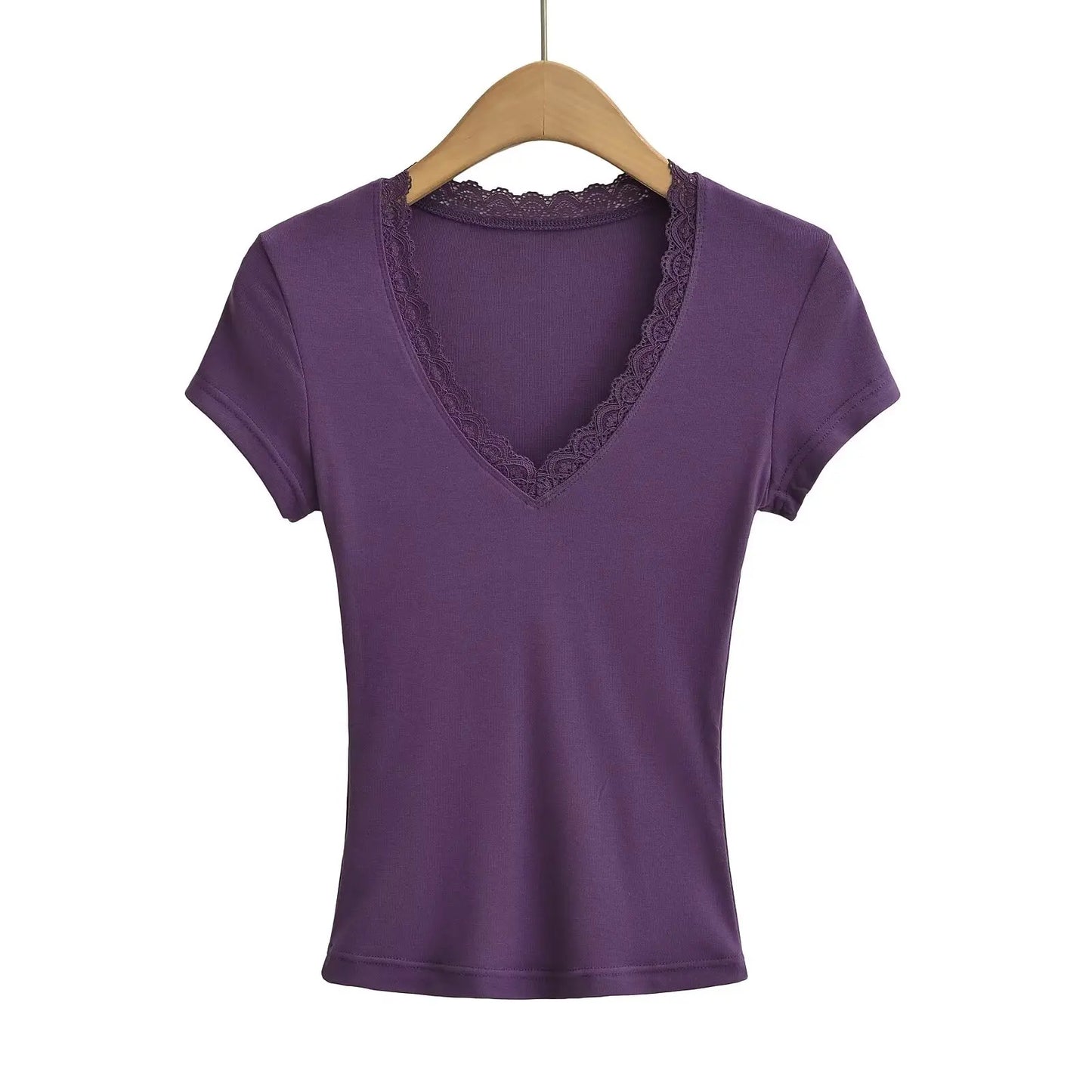 Women 2024 Summer New Fashion V-Neck Lace T-Shirt Vintage Slim-Fit Casual Chic Female Tee Shirt Tops Mujer