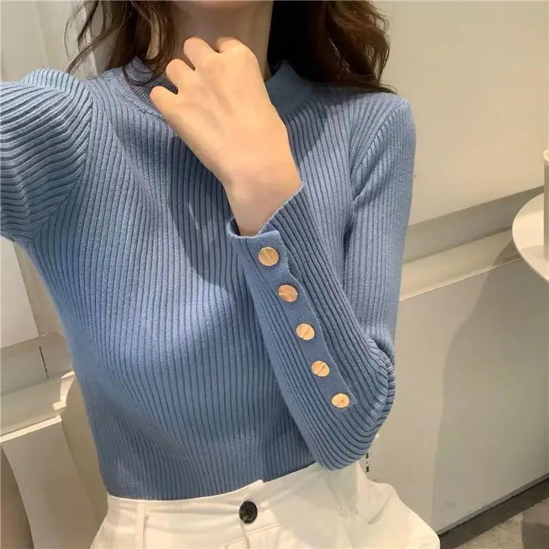 Casual Female Clothes Solid Half High Collar Knitted Sweater Long Sleeve Slim Fit Elastic Pullover Tops Women's Basic Sweater