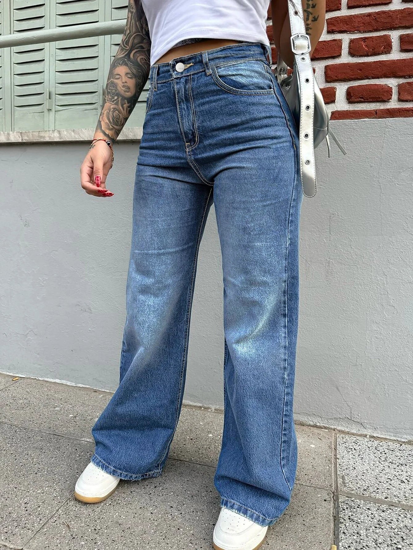 Free Shipping to USA- High Quality Vintage Women's Straight Denim Pants High Waist Wide Leg Long Jeans Stretchy Solid Pattern