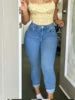 Free Shipping to USA- Plus Size Women Light Blue High Stretch Pencil Jeans High Waist Straight Full Length Washed Denim Pants