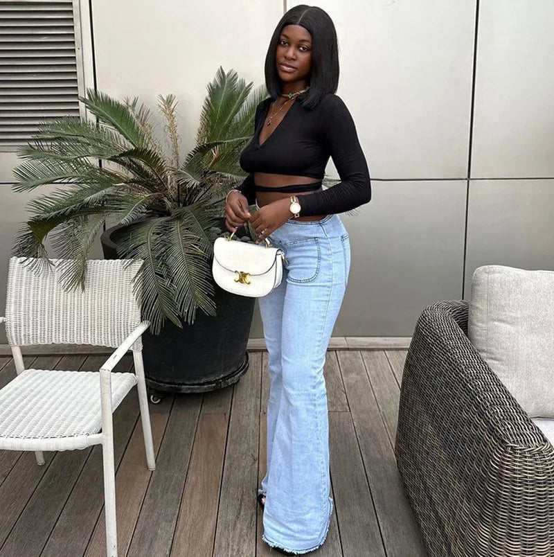 Women Smart Denim Trousers Design High Waist Big Bell Bottoms Stretch Fitted Flared Denim Jeans Wide Leg Jeans