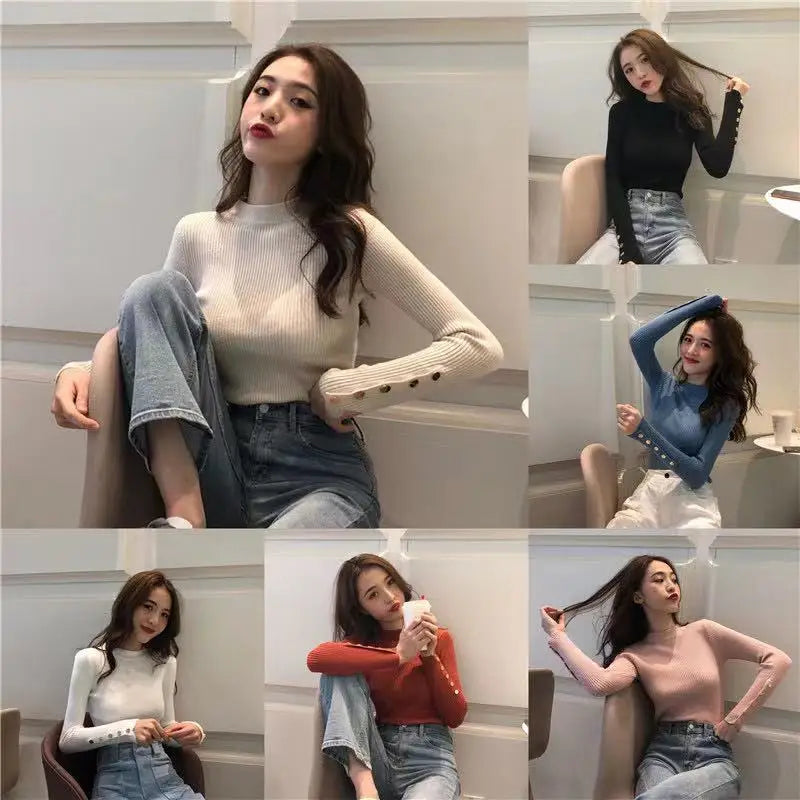Casual Female Clothes Solid Half High Collar Knitted Sweater Long Sleeve Slim Fit Elastic Pullover Tops Women's Basic Sweater