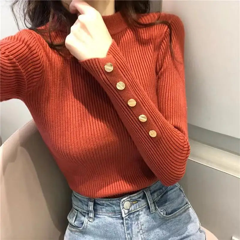 Casual Female Clothes Solid Half High Collar Knitted Sweater Long Sleeve Slim Fit Elastic Pullover Tops Women's Basic Sweater
