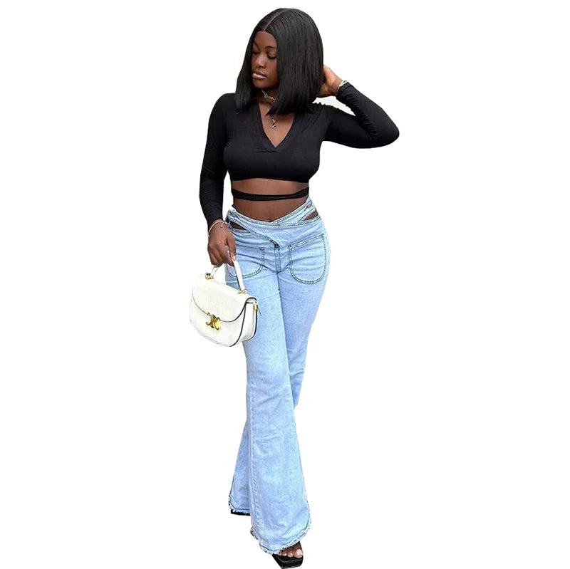 Women Smart Denim Trousers Design High Waist Big Bell Bottoms Stretch Fitted Flared Denim Jeans Wide Leg Jeans