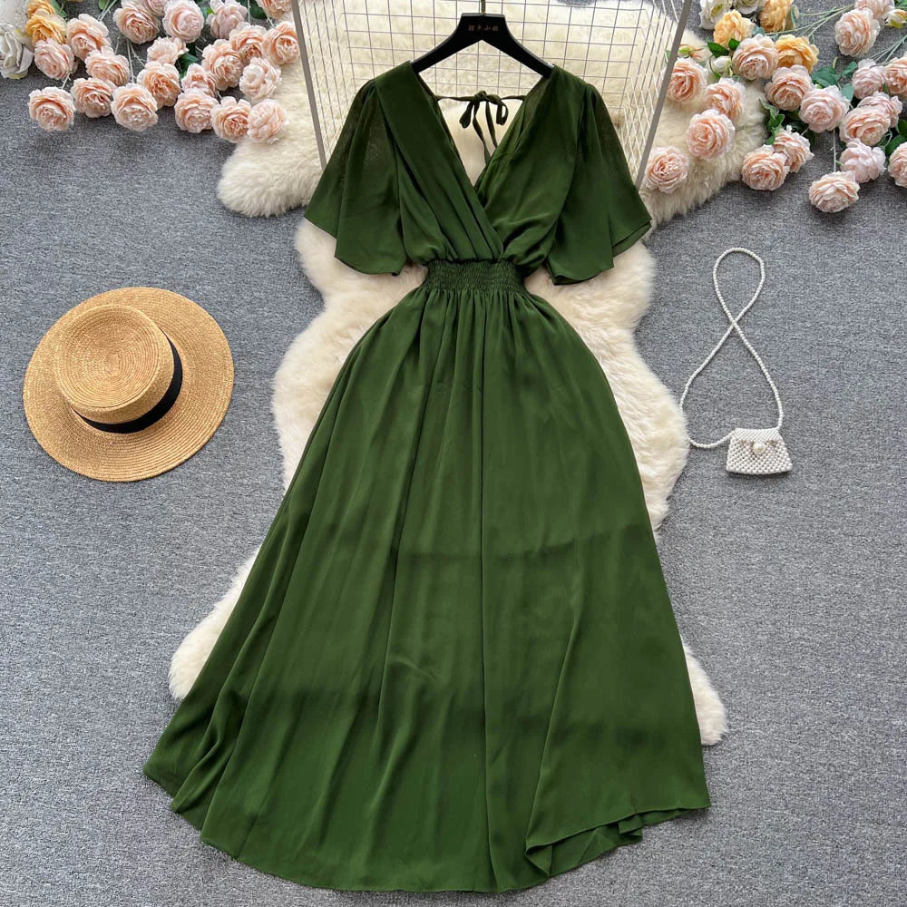 Chiffon Dress New Women's Graceful Collar Elastic Waist-Tightening Slimming Long Seaside Vacation Beach Premium Casual Dress