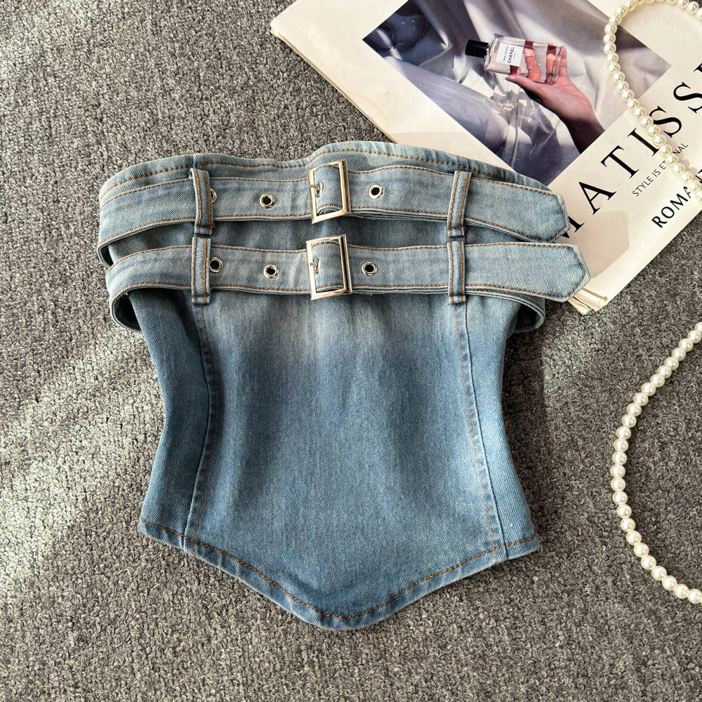 Ladies Strapless Denim Vest Sexy Corset Tank Tops Denim Belt Crop Tube Top Summer Hot Sale Gradient Denim Top for Women