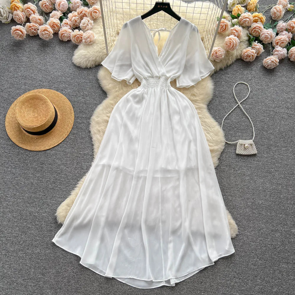 Chiffon Dress New Women's Graceful Collar Elastic Waist-Tightening Slimming Long Seaside Vacation Beach Premium Casual Dress