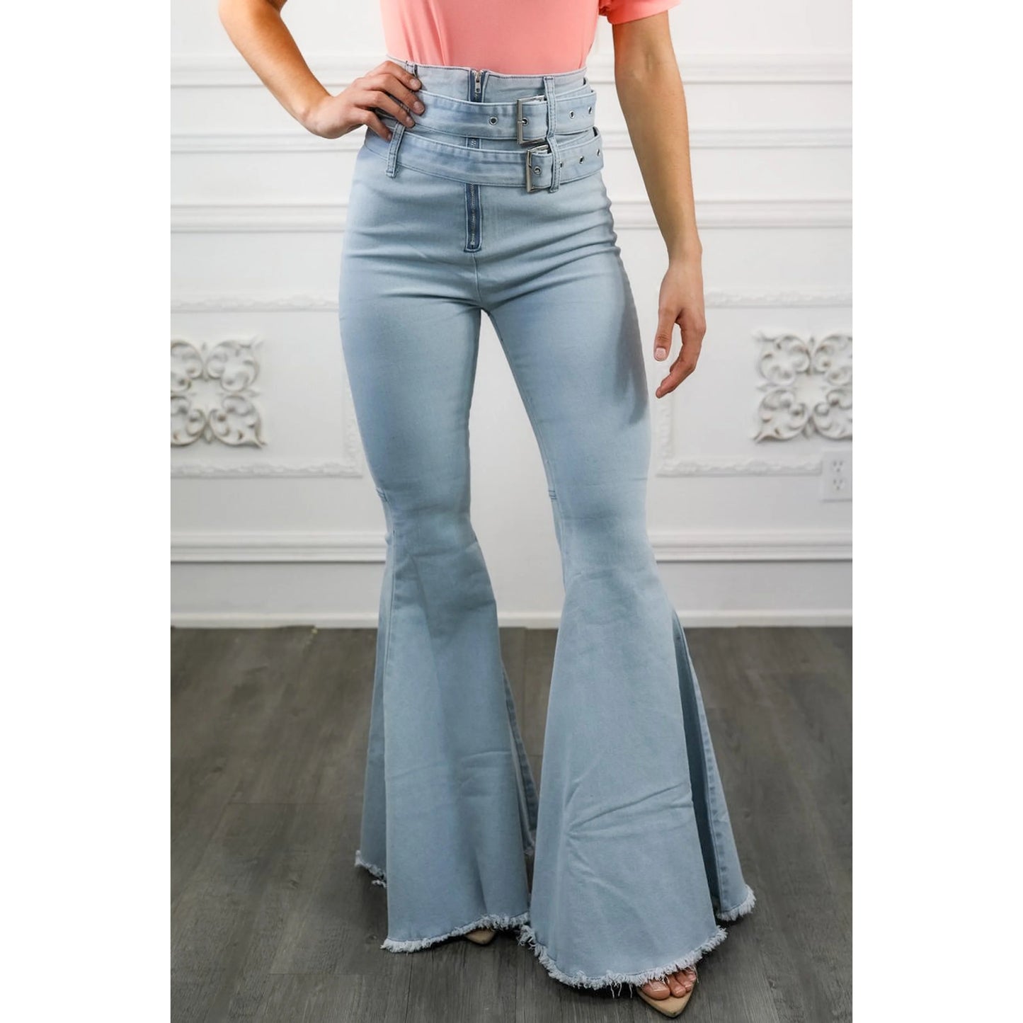 TD Buckle Ladies Straight Jeans High Street Style Bell Bottoms Dual Belt Details Breathable Skinny Denim Pants Elastic Waist