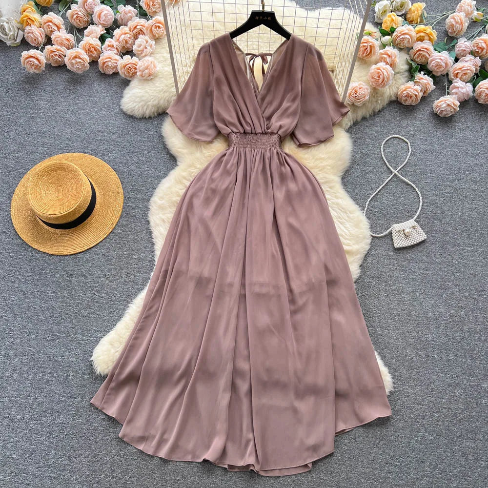 Chiffon Dress New Women's Graceful Collar Elastic Waist-Tightening Slimming Long Seaside Vacation Beach Premium Casual Dress