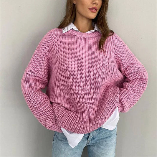 Women 2024 Autumn Winter Loose Sweater Round Neck Solid Color All-Match Long Sleeve Breathable Lazy Pullover Tops Knit Sweater