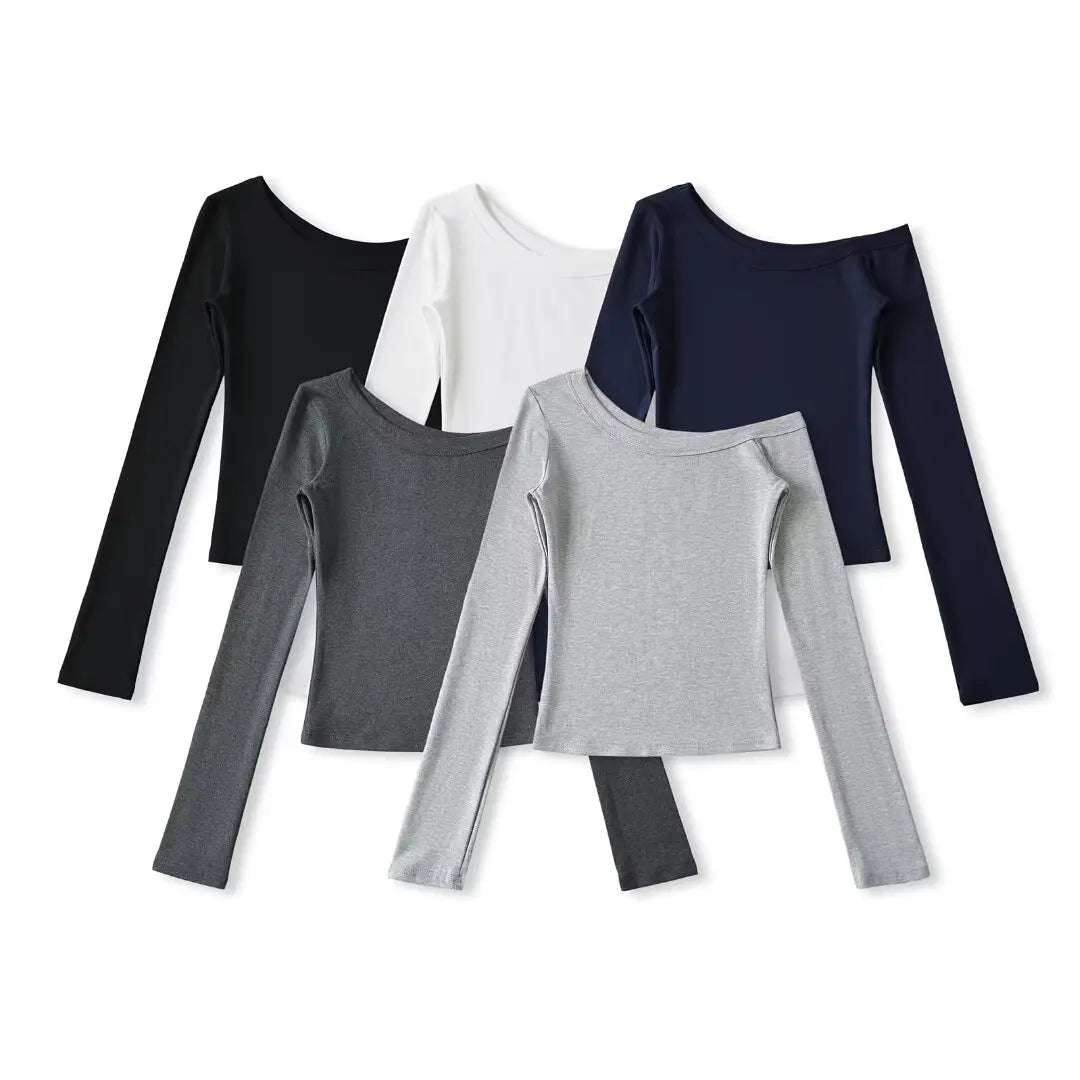 Women 2024 Summer New Fashion Asymmetric Shoulder Long Sleeve Base Shirt Vintage Casual Chic Female Tee Shirt Tops Mujer