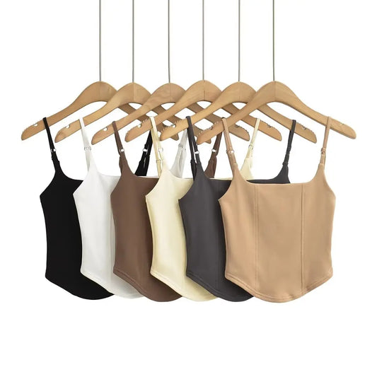 Women 2024 Summer New Fashion Adjustable Fishbone Tank Tops Vintage Slim-Fit Casual Female Short Camis Chic Tops