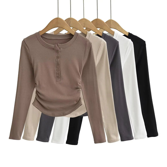 Women 2024 Summer New Fashion Fleece-lined Button Base Long Sleeve Top Retro Casual Chic Female Tee Shirt Tops Mujer