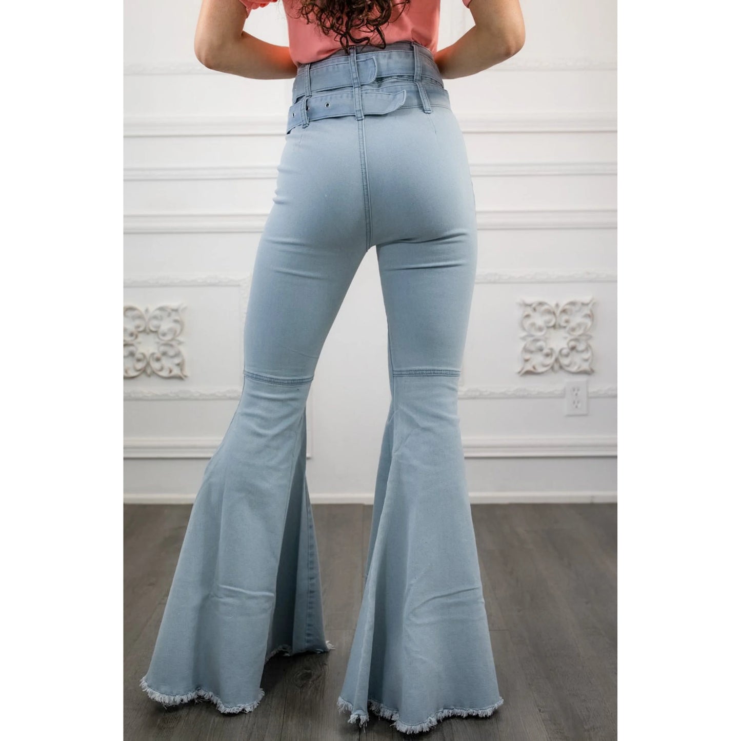 TD Buckle Ladies Straight Jeans High Street Style Bell Bottoms Dual Belt Details Breathable Skinny Denim Pants Elastic Waist