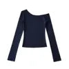 Women 2024 Summer New Fashion Asymmetric Shoulder Long Sleeve Base Shirt Vintage Casual Chic Female Tee Shirt Tops Mujer