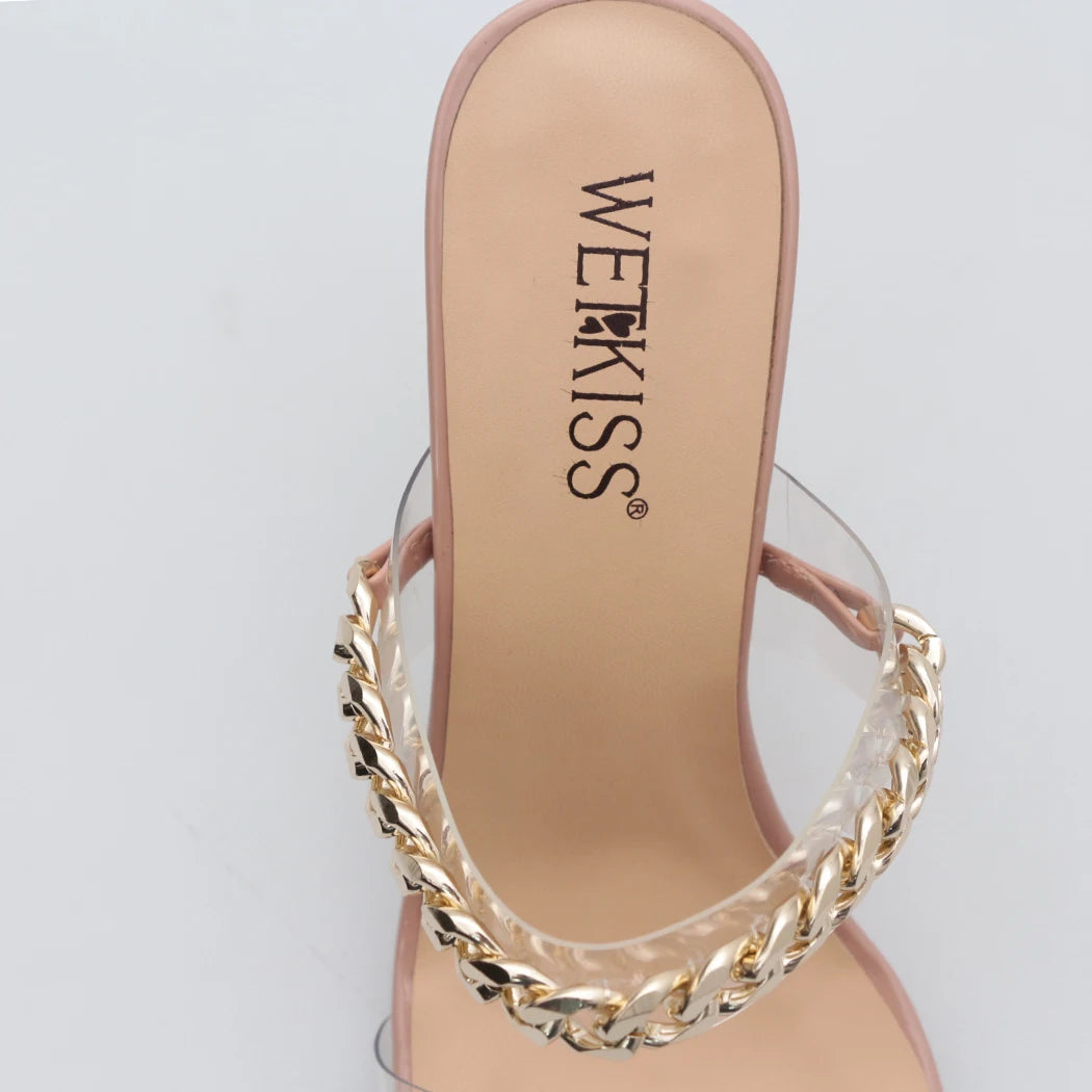 WETKISS Wholesale Square Toe Big Size 15 Summer Slides Sandals Fancy Lady Chain Shoes PVC High Heel Slippers Women Shoes