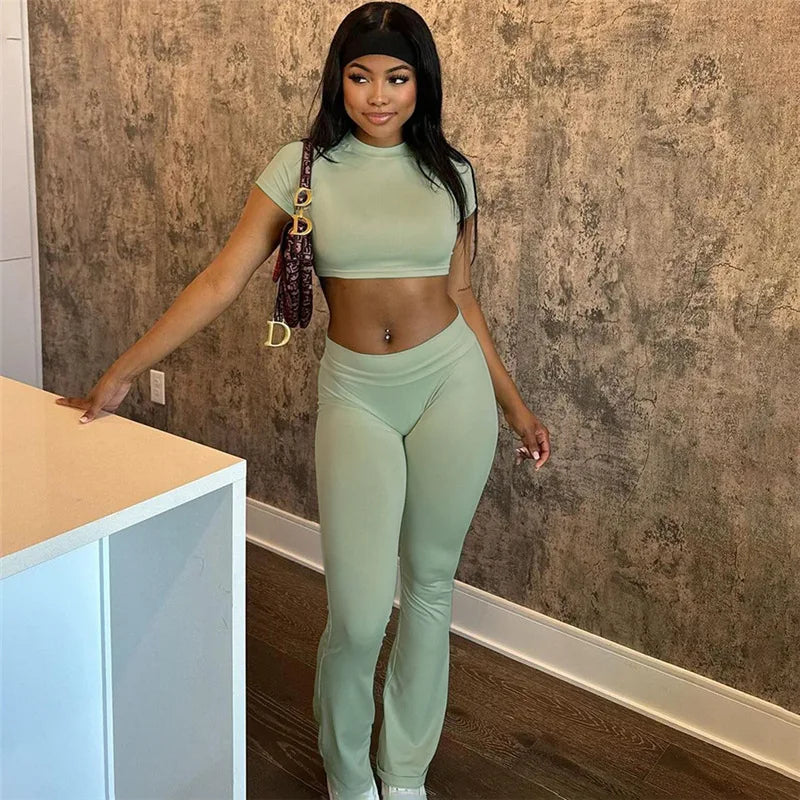 Women's 2 Piece Casual Outfits Short Sleeve Round Neck Tops Flare Leggings Sets Yoga Sweatsuit