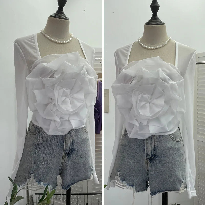 French Retro Three-dimensional Flower Crop Tops for Women Splicing Mesh Long Sleeve T-Shirts with Elastic Shirring Summer Wear