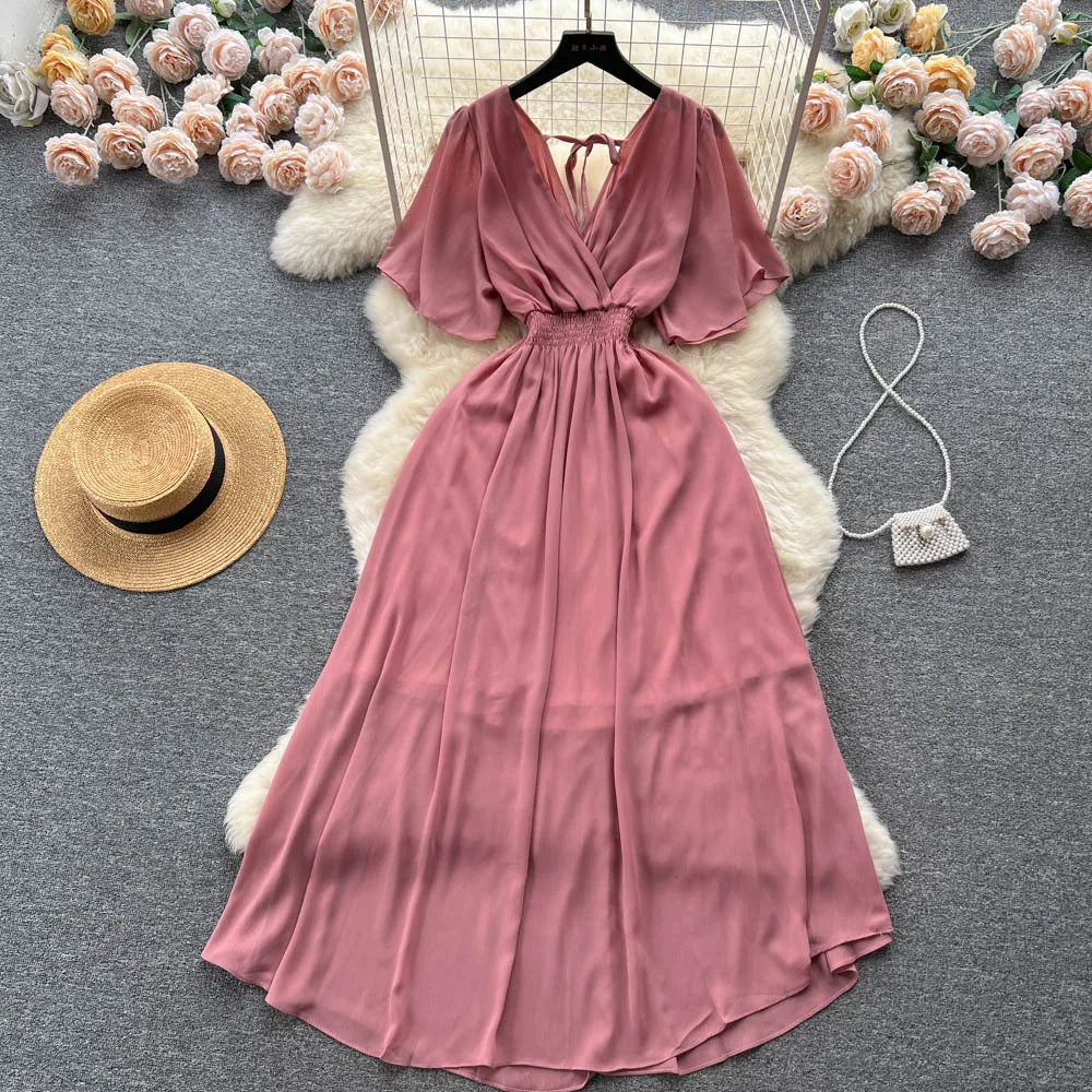 Chiffon Dress New Women's Graceful Collar Elastic Waist-Tightening Slimming Long Seaside Vacation Beach Premium Casual Dress