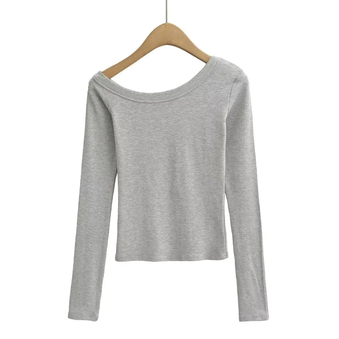 Women 2024 Summer New Fashion Asymmetric Shoulder Long Sleeve Base Shirt Vintage Casual Chic Female Tee Shirt Tops Mujer