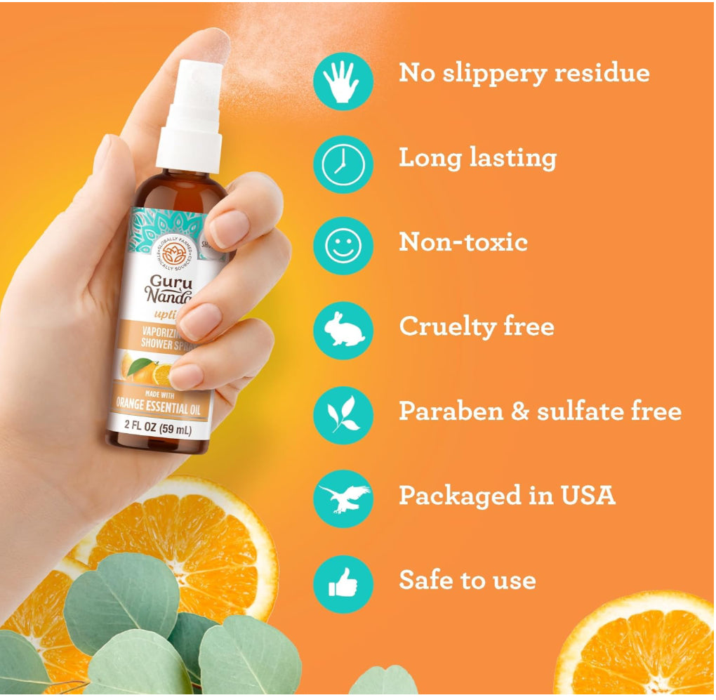 GuruNanda Uplift Vaporizing  Shower Spray, Natural Spa Mist & Room Spray with Orange & Eucalyptus to Help in Mood Enhancement & Congestion Aid, 2 fl oz