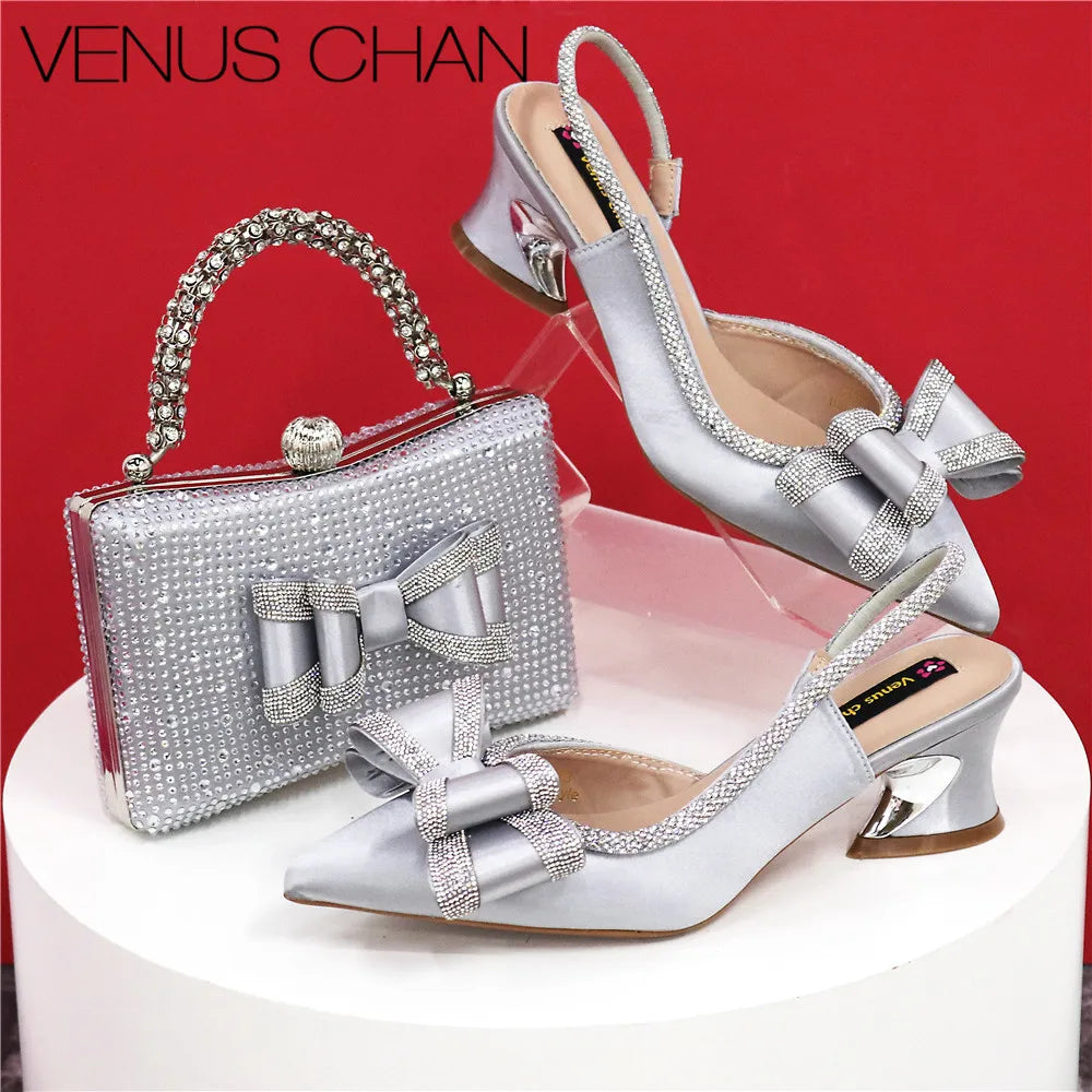 Med Heel Shoes for Women Hollowed Out Embroidery Rhinestone Italian Design Olive-green Color Pointed-Toe Shoes and Bags Set