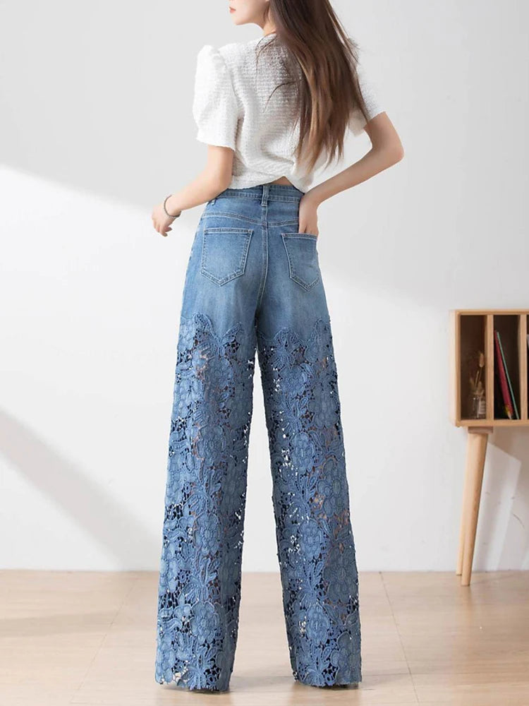 TWOTWINSTYLE Hollow Out Spliced Diamonds Loose Denim Pant For Women High Waist Patchwork Lace Casual Jeans Female Fashion Style